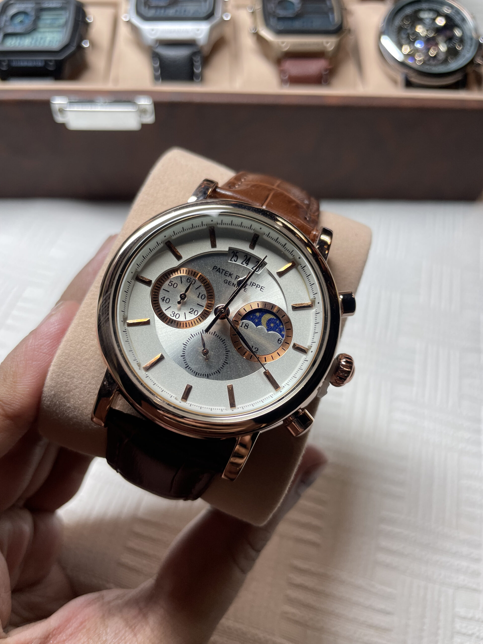 Elegant White Dial Rose Gold Watch with Moonphase – Classic Gentleman Series